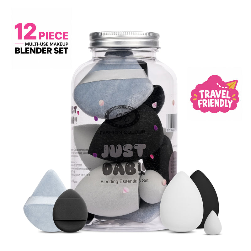 Just Dab! 12-Piece Blending Essentials Set | Makeup Sponge & Puff Kit | Flexible, Recyclable & Reusable | For Foundation, Powder & Cream Application | Black & White