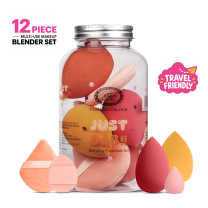 Just Dab! 12-Piece Blending Essentials Set | Makeup Sponge & Puff Kit | Flexible, Recyclable & Reusable | For Foundation, Powder & Cream Application | Mix Color