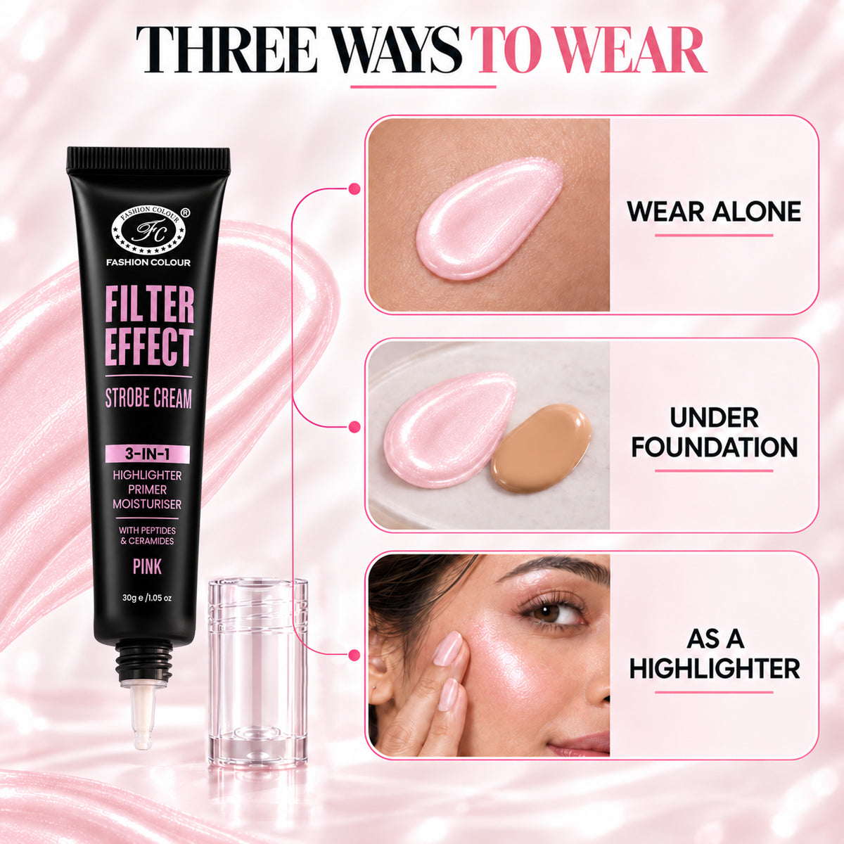 Filter Effect Strobe Cream 3in1 Highlighter+Primer+Moisturiser with Peptides & Ceramides