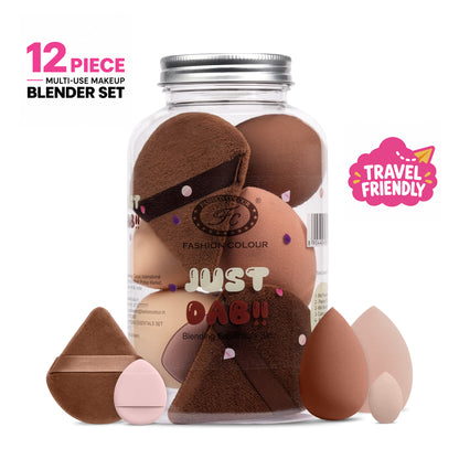 Just Dab! 12-Piece Blending Essentials Set | Makeup Sponge & Puff Kit | Flexible, Recyclable & Reusable | For Foundation, Powder & Cream Application | Mix Color
