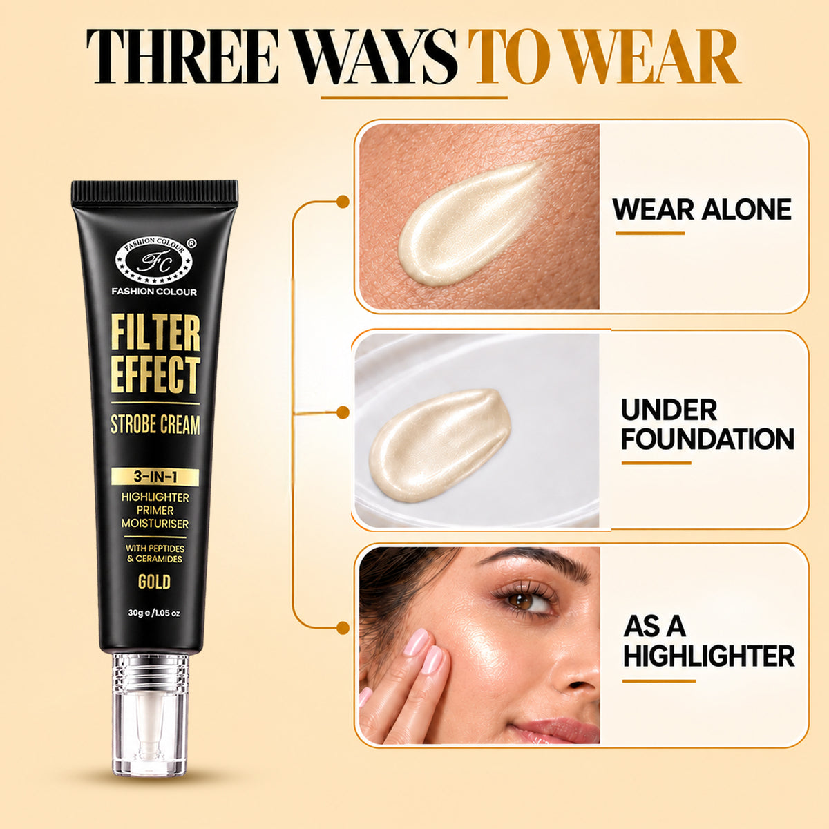 Filter Effect Strobe Cream 3in1 Highlighter+Primer+Moisturiser with Peptides & Ceramides