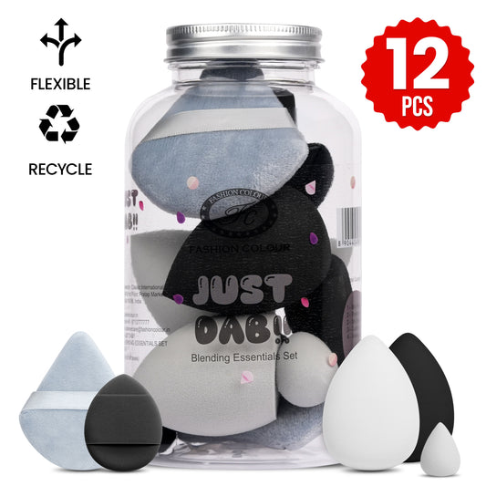 Just Dab! 12-Piece Blending Essentials Set | Makeup Sponge & Puff Kit | Flexible, Recyclable & Reusable | For Foundation, Powder & Cream Application | Black & White