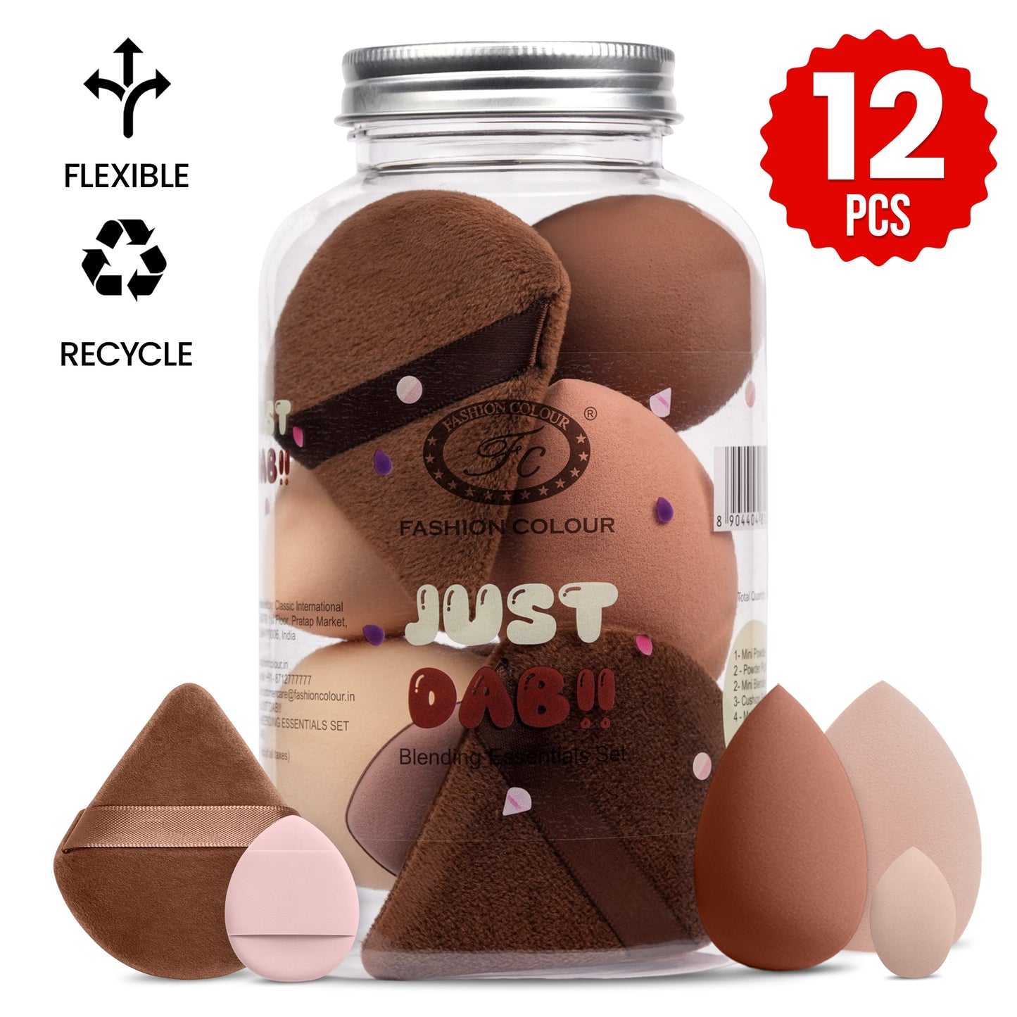 Just Dab! 12-Piece Blending Essentials Set | Makeup Sponge & Puff Kit | Flexible, Recyclable & Reusable | For Foundation, Powder & Cream Application | Mix Color