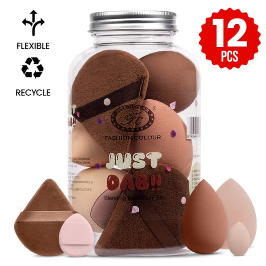 Just Dab! 12-Piece Blending Essentials Set | Makeup Sponge & Puff Kit | Flexible, Recyclable & Reusable | For Foundation, Powder & Cream Application | Mix Color