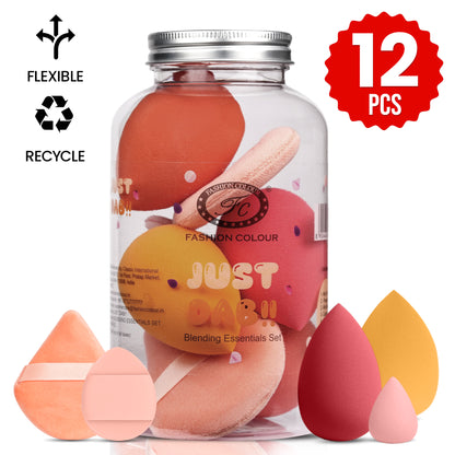 Just Dab! 12-Piece Blending Essentials Set | Makeup Sponge & Puff Kit | Flexible, Recyclable & Reusable | For Foundation, Powder & Cream Application | Mix Color