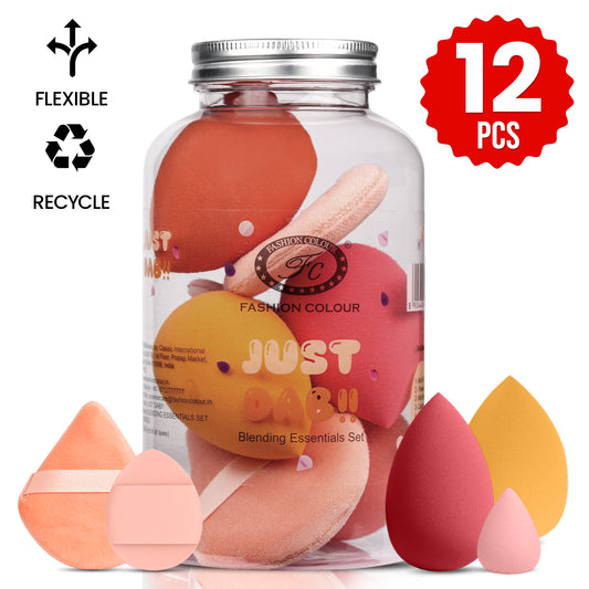 Just Dab! 12-Piece Blending Essentials Set | Makeup Sponge & Puff Kit | Flexible, Recyclable & Reusable | For Foundation, Powder & Cream Application | Mix Color