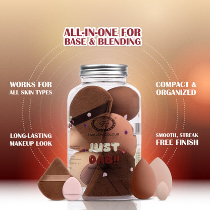 Just Dab! 12-Piece Blending Essentials Set | Makeup Sponge & Puff Kit | Flexible, Recyclable & Reusable | For Foundation, Powder & Cream Application | Mix Color