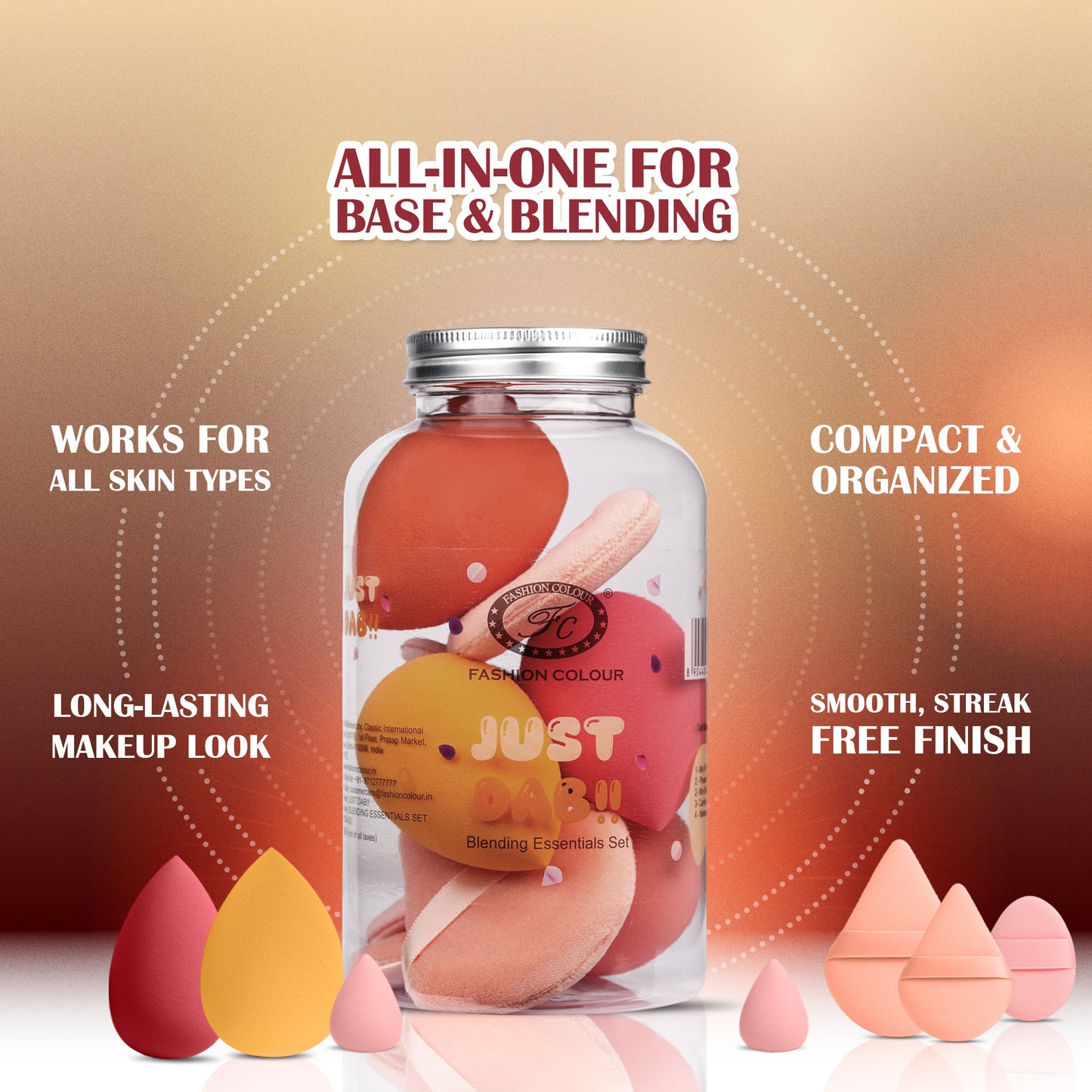 Just Dab! 12-Piece Blending Essentials Set | Makeup Sponge & Puff Kit | Flexible, Recyclable & Reusable | For Foundation, Powder & Cream Application | Mix Color