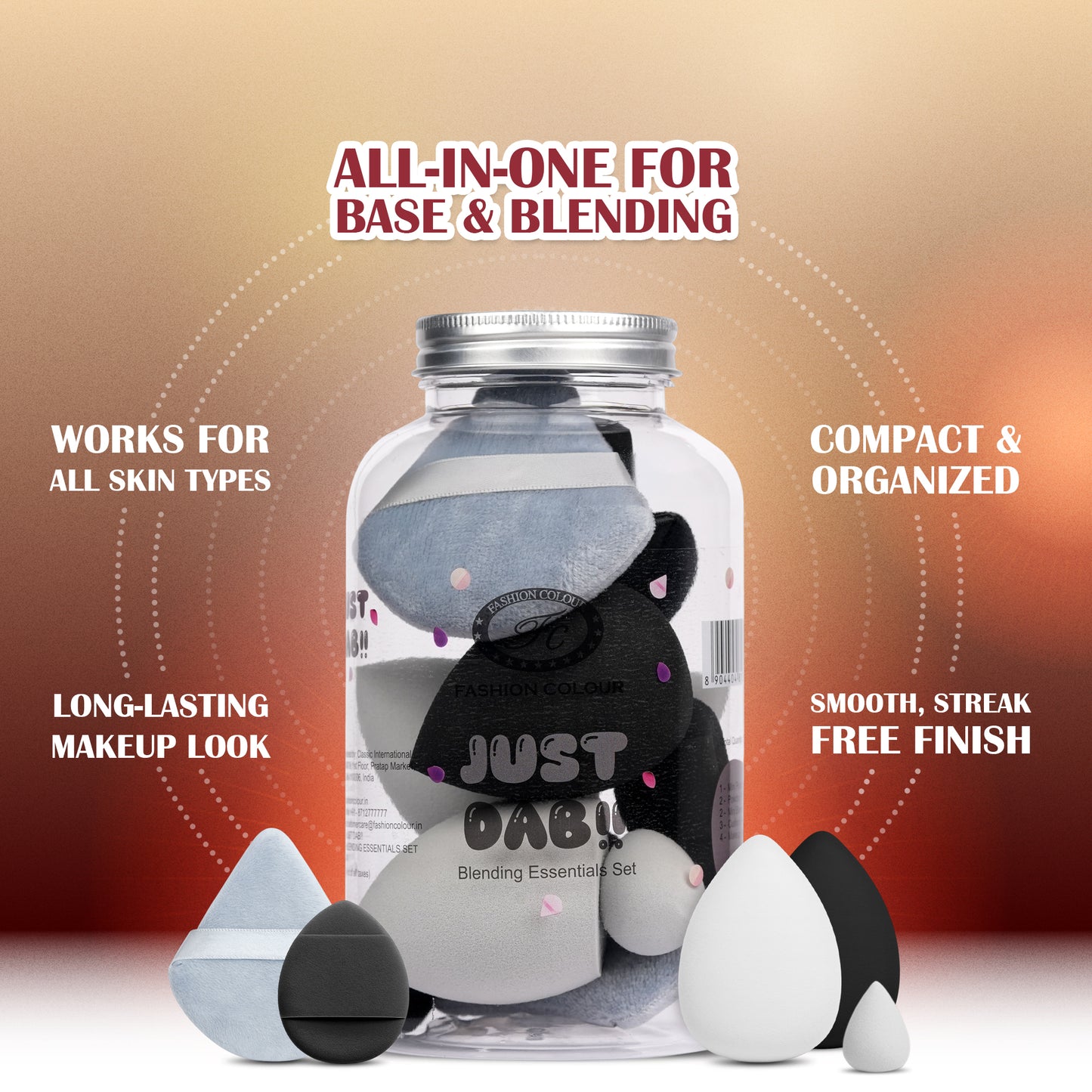 Just Dab! 12-Piece Blending Essentials Set | Makeup Sponge & Puff Kit | Flexible, Recyclable & Reusable | For Foundation, Powder & Cream Application | Black & White