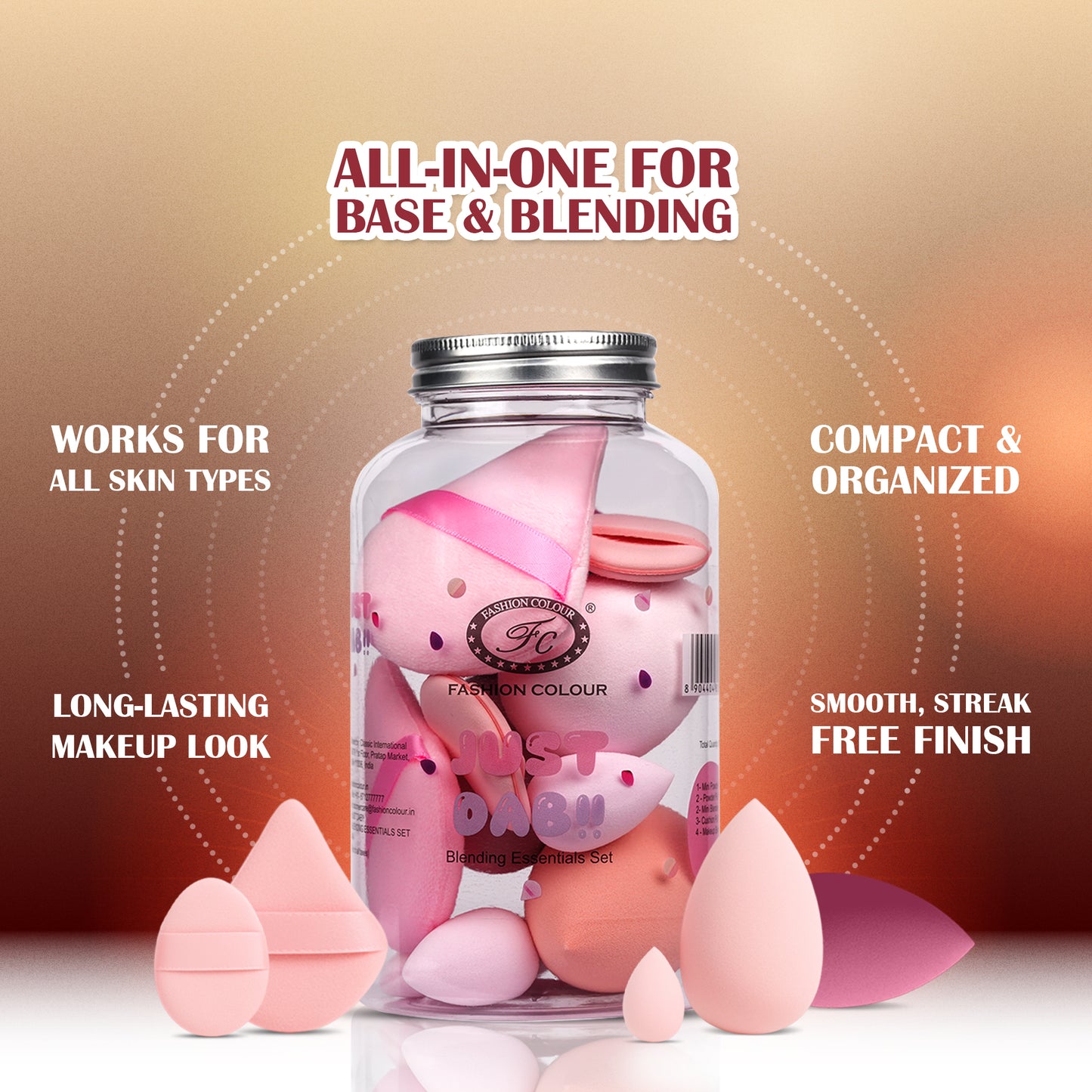 Just Dab! 12-Piece Blending Essentials Set | Makeup Sponge & Puff Kit | Flexible, Recyclable & Reusable | For Foundation, Powder & Cream Application | Mix Color