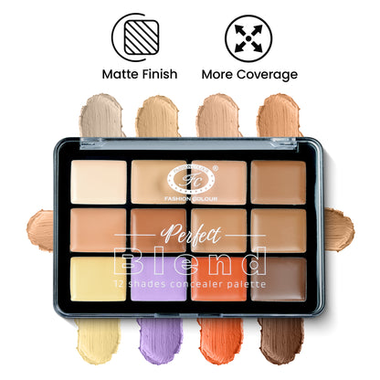 Perfect Blend 12 Shades Concealer Palette | Color Corrector & Contour Cream Kit | All-in-One Makeup Palette for All Skin Tones | Full Coverage & Blendable Formula