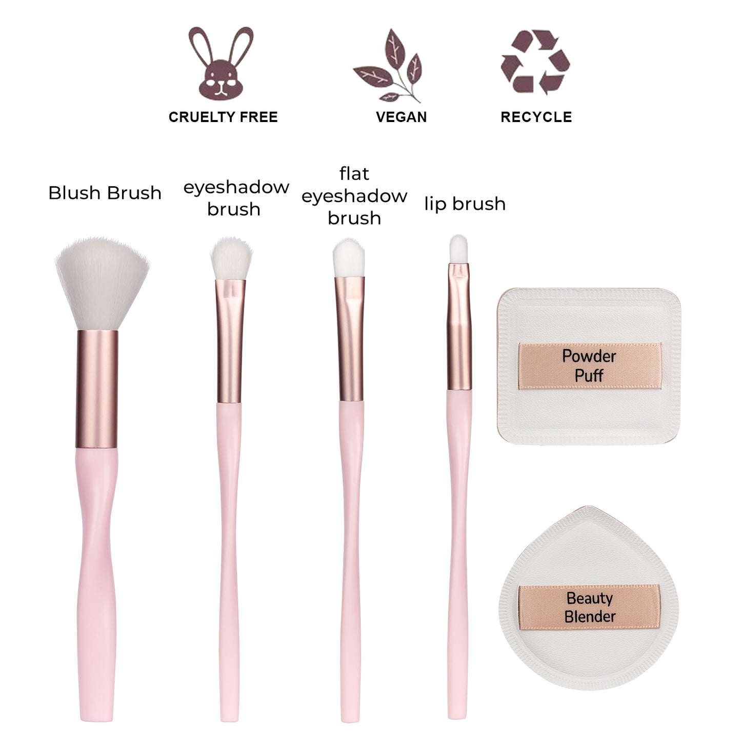 Flex N’ Blend 6-Piece Makeup Brush Set | Blush, Eyeshadow, Flat Eyeshadow, Lip Brush, Powder Puff & Beauty Blender | Cruelty-Free, Vegan & Recyclable | Soft Bristles for Smooth Application