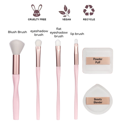 Flex N’ Blend 6-Piece Makeup Brush Set | Blush, Eyeshadow, Flat Eyeshadow, Lip Brush, Powder Puff & Beauty Blender | Cruelty-Free, Vegan & Recyclable | Soft Bristles for Smooth Application