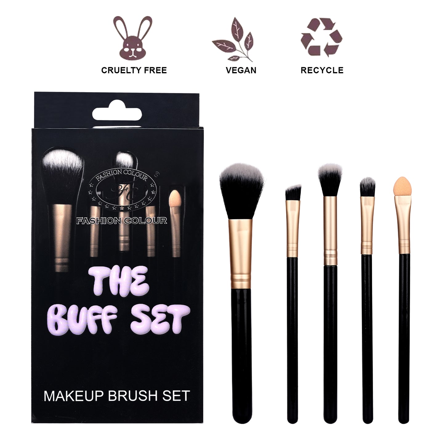 The Buff Set – 5-Piece Makeup Brush Set | Powder, Contour, Eyeshadow, Eyebrow & Eyeshadow Stick Brushes | Cruelty-Free, Vegan & Recyclable | Soft Bristles for Effortless Blending