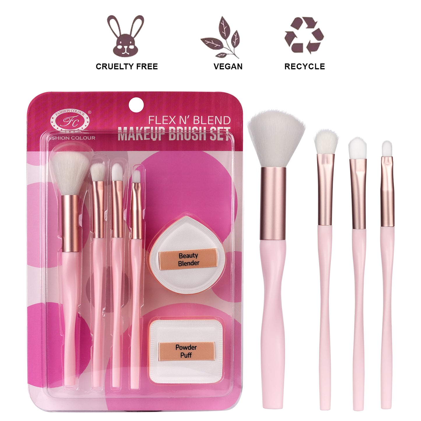 Flex N’ Blend 6-Piece Makeup Brush Set | Blush, Eyeshadow, Flat Eyeshadow, Lip Brush, Powder Puff & Beauty Blender | Cruelty-Free, Vegan & Recyclable | Soft Bristles for Smooth Application