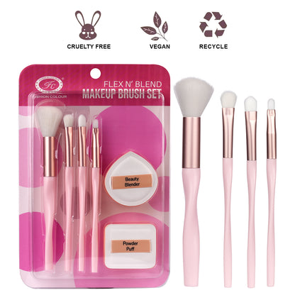 Flex N’ Blend 6-Piece Makeup Brush Set | Blush, Eyeshadow, Flat Eyeshadow, Lip Brush, Powder Puff & Beauty Blender | Cruelty-Free, Vegan & Recyclable | Soft Bristles for Smooth Application