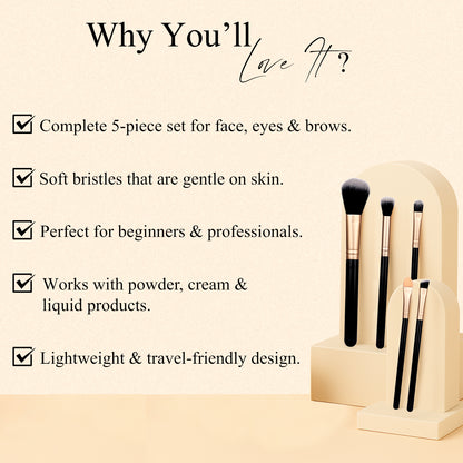 The Buff Set – 5-Piece Makeup Brush Set | Powder, Contour, Eyeshadow, Eyebrow & Eyeshadow Stick Brushes | Cruelty-Free, Vegan & Recyclable | Soft Bristles for Effortless Blending