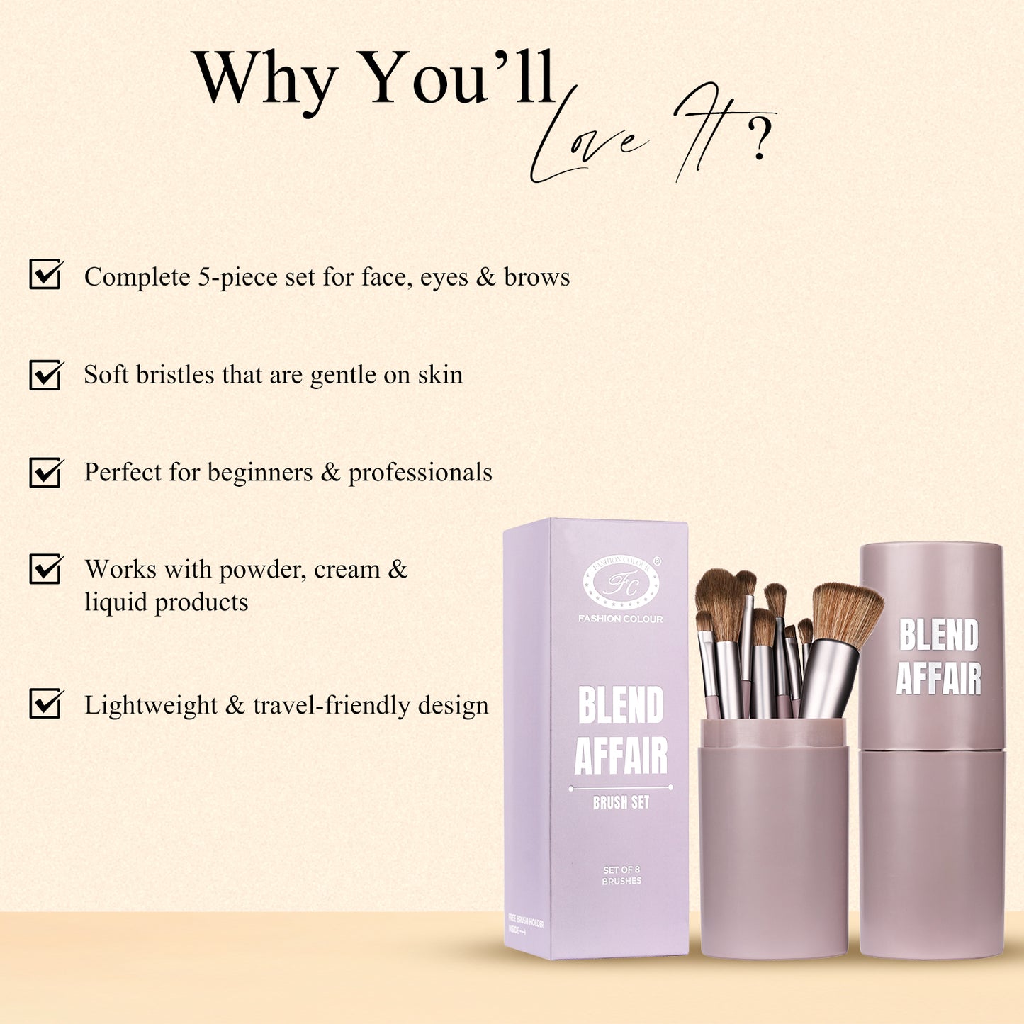 Blend Affair 8-Piece Makeup Brush Set with Brush Holder | Professional Face & Eye Brushes for Powder, Foundation, Contour & Eyeshadow | Vegan, Cruelty-Free & Recyclable