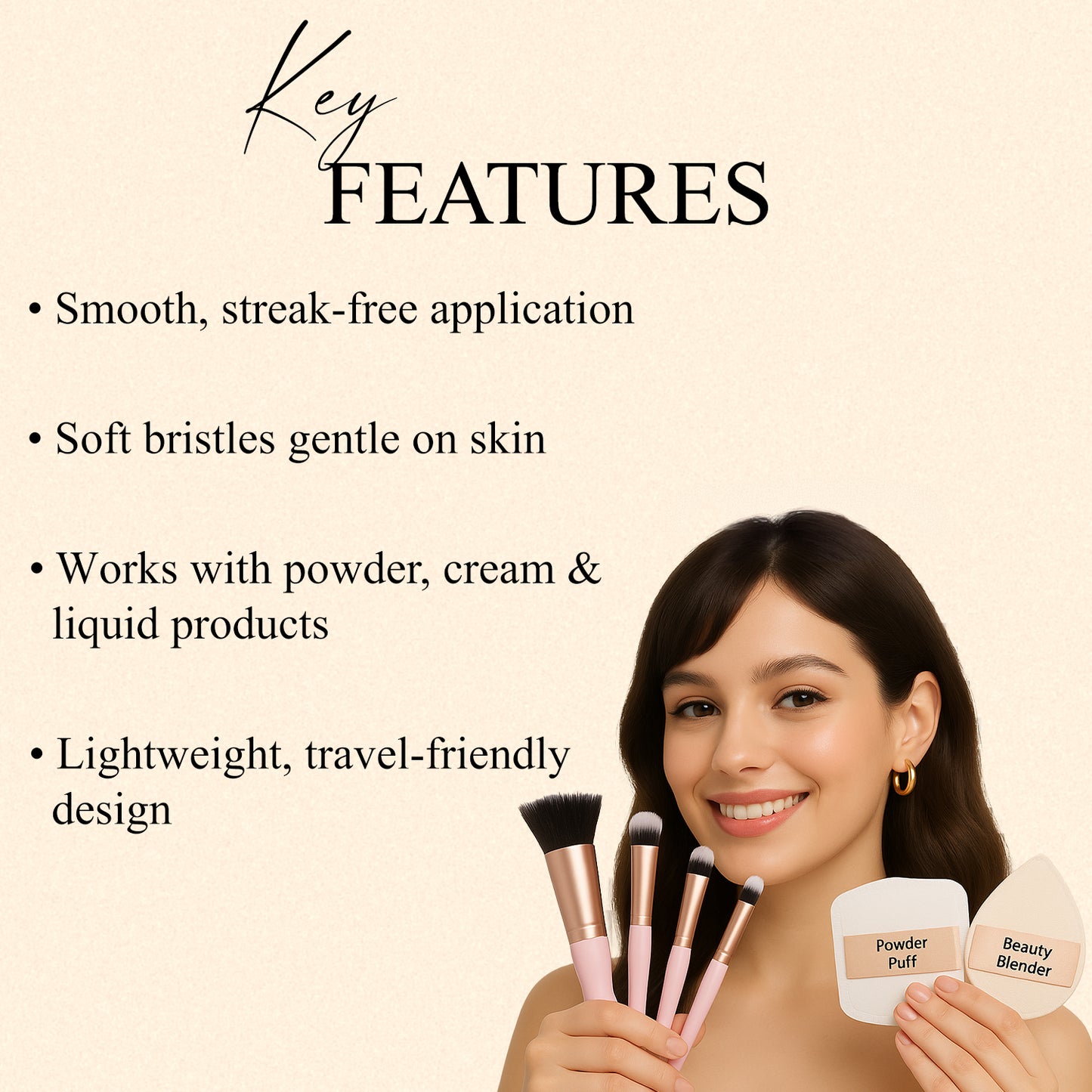 Flex N’ Blend 6-Piece Makeup Brush Set | Blush, Eyeshadow, Flat Eyeshadow, Lip Brush, Powder Puff & Beauty Blender | Cruelty-Free, Vegan & Recyclable | Soft Bristles for Smooth Application