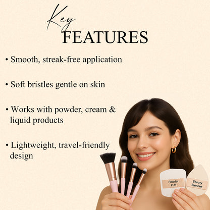 Flex N’ Blend 6-Piece Makeup Brush Set | Blush, Eyeshadow, Flat Eyeshadow, Lip Brush, Powder Puff & Beauty Blender | Cruelty-Free, Vegan & Recyclable | Soft Bristles for Smooth Application