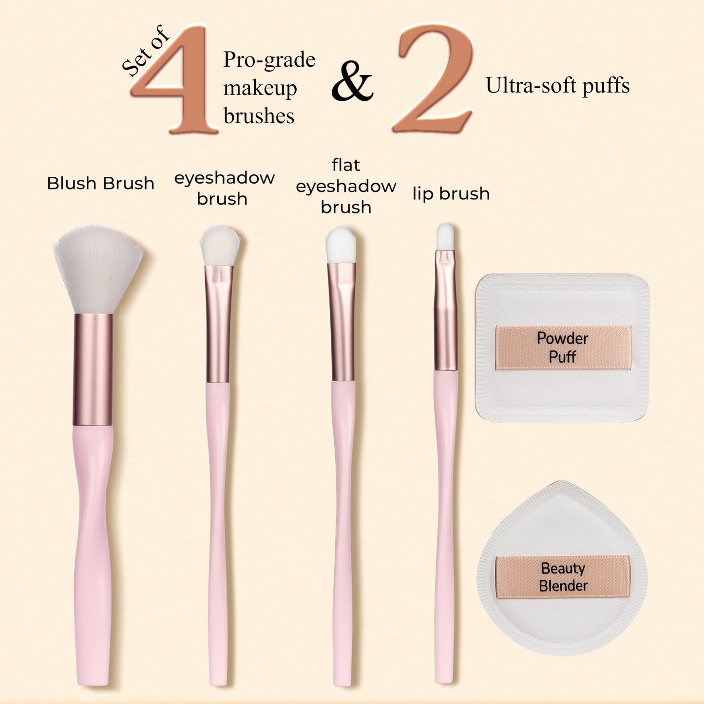 Flex N’ Blend 6-Piece Makeup Brush Set | Blush, Eyeshadow, Flat Eyeshadow, Lip Brush, Powder Puff & Beauty Blender | Cruelty-Free, Vegan & Recyclable | Soft Bristles for Smooth Application