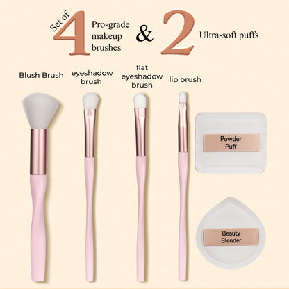 Flex N’ Blend 6-Piece Makeup Brush Set | Blush, Eyeshadow, Flat Eyeshadow, Lip Brush, Powder Puff & Beauty Blender | Cruelty-Free, Vegan & Recyclable | Soft Bristles for Smooth Application
