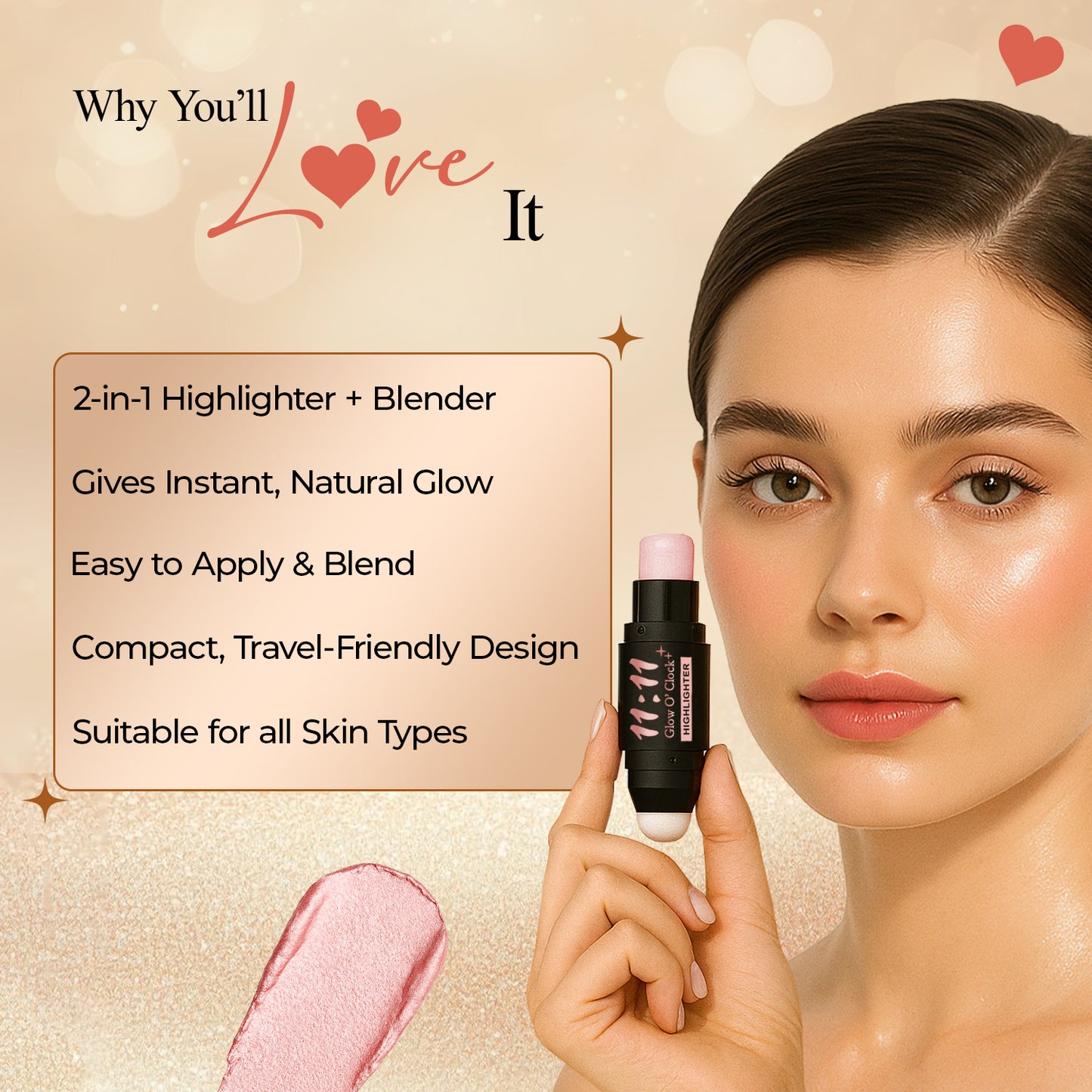 11:11 Glow O’Clock Highlighter Stick – Long-Lasting Cream Highlighter for Face & Body | Dual-Ended with Applicator Sponge | Natural Radiant Finish | Easy to Blend Makeup Glow Stick