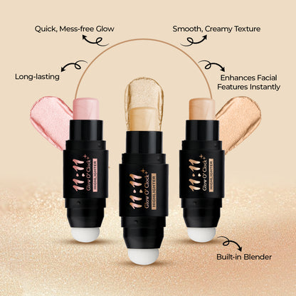 11:11 Glow O’Clock Highlighter Stick – Long-Lasting Cream Highlighter for Face & Body | Dual-Ended with Applicator Sponge | Natural Radiant Finish | Easy to Blend Makeup Glow Stick