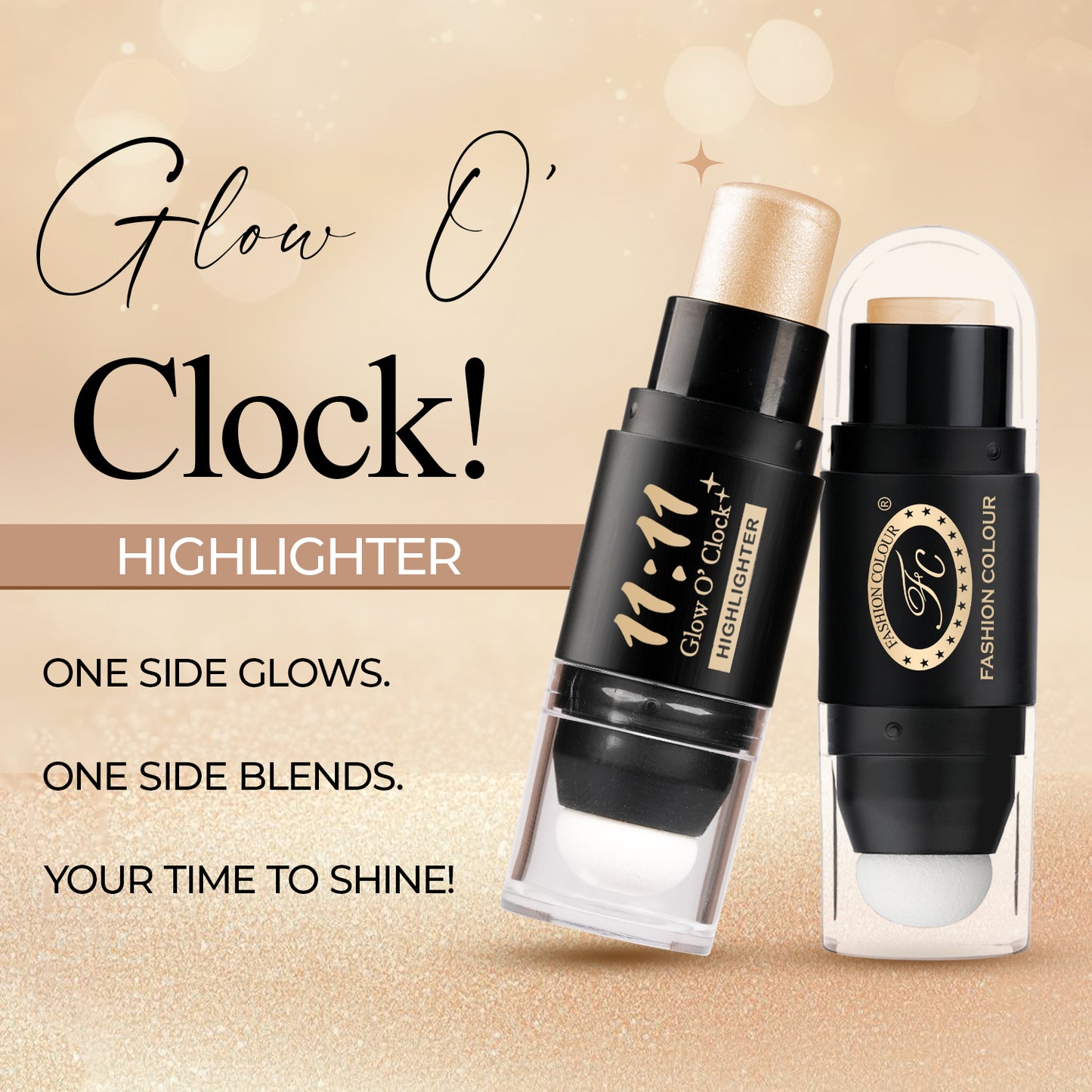 11:11 Glow O’Clock Highlighter Stick – Long-Lasting Cream Highlighter for Face & Body | Dual-Ended with Applicator Sponge | Natural Radiant Finish | Easy to Blend Makeup Glow Stick