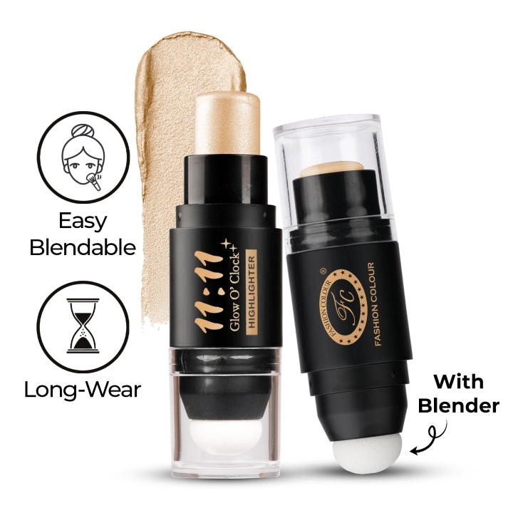 11:11 Glow O’Clock Highlighter Stick – Long-Lasting Cream Highlighter for Face & Body | Dual-Ended with Applicator Sponge | Natural Radiant Finish | Easy to Blend Makeup Glow Stick