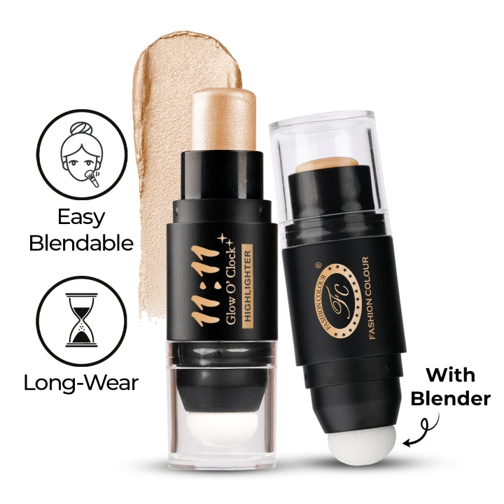 11:11 Glow O’Clock Highlighter Stick – Long-Lasting Cream Highlighter for Face & Body | Dual-Ended with Applicator Sponge | Natural Radiant Finish | Easy to Blend Makeup Glow Stick
