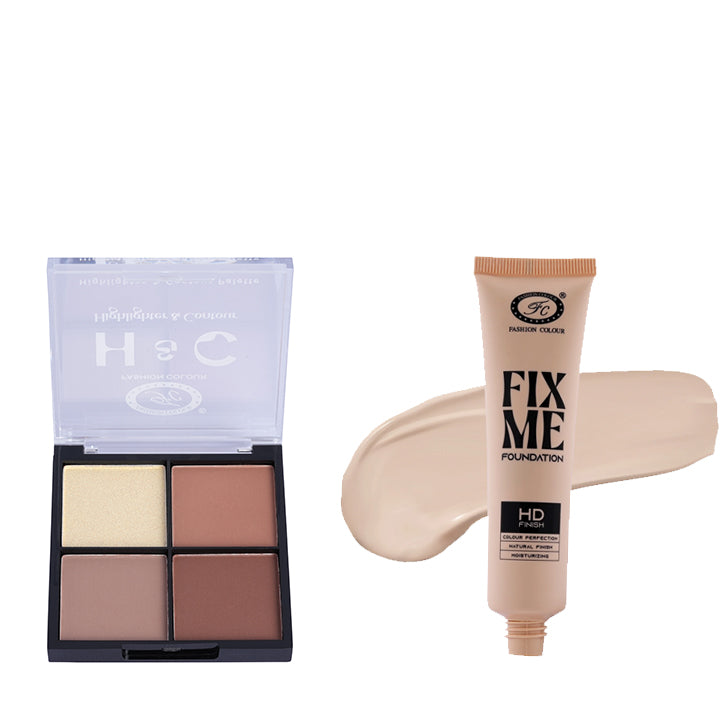 Makeup Combo – Fix Me HD Foundation (Natural Finish) + 4-in-1 Contour & Highlight Palette | All-in-One Face Base & Sculpt Kit | Long-Lasting, Blendable, Hydrating Formula