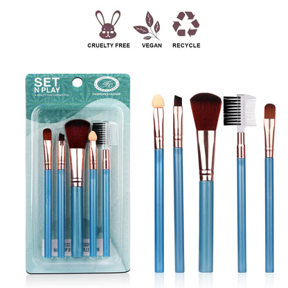 Set N Play 5-Piece Makeup Brush Set | Cruelty-Free, Vegan & Recyclable | Big Fluffy Brush, Flat Shader Brush, Blending Brush, Angled Brush, Spoolie Brush