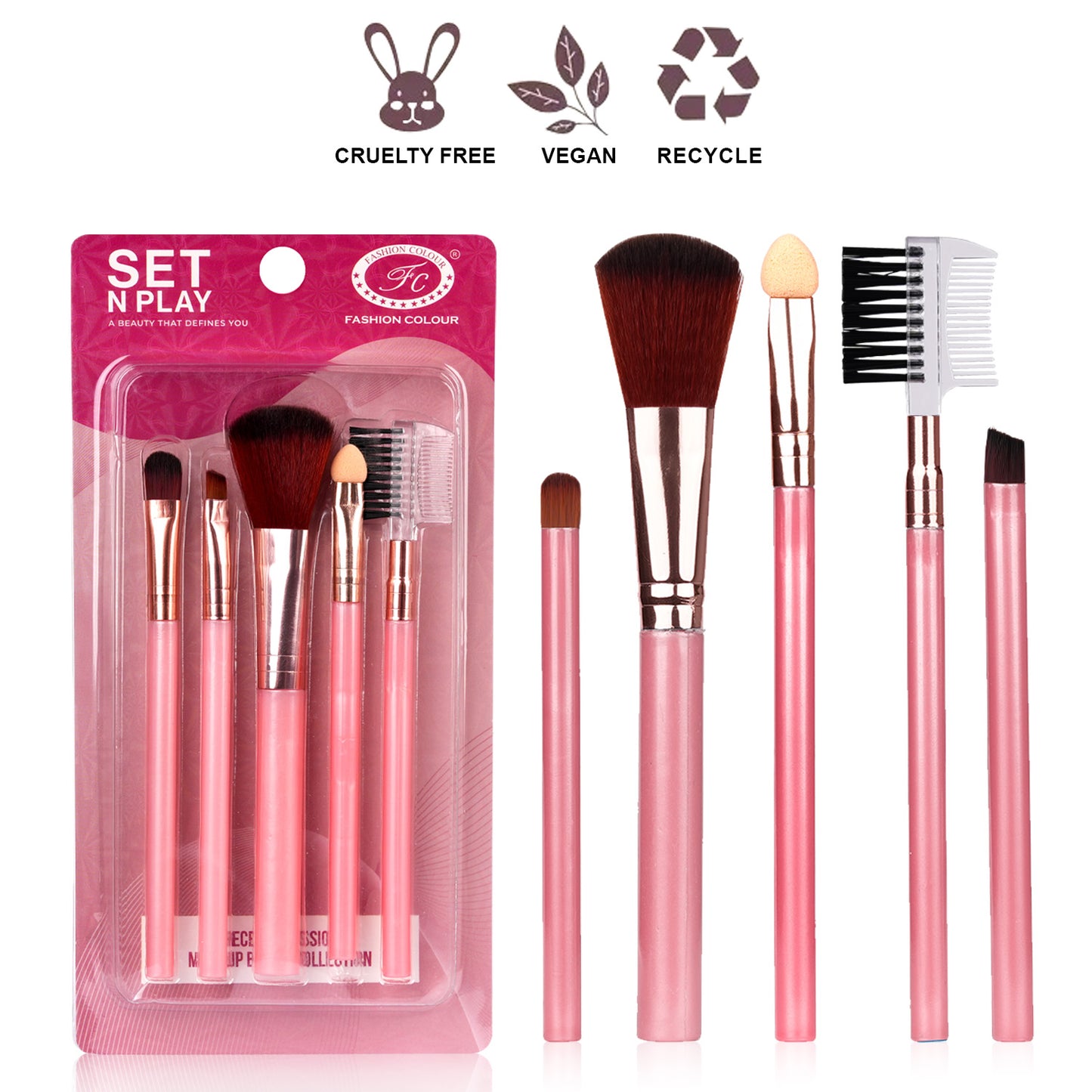 Set N Play 5-Piece Makeup Brush Set | Cruelty-Free, Vegan & Recyclable | Big Fluffy Brush, Flat Shader Brush, Blending Brush, Angled Brush, Spoolie Brush