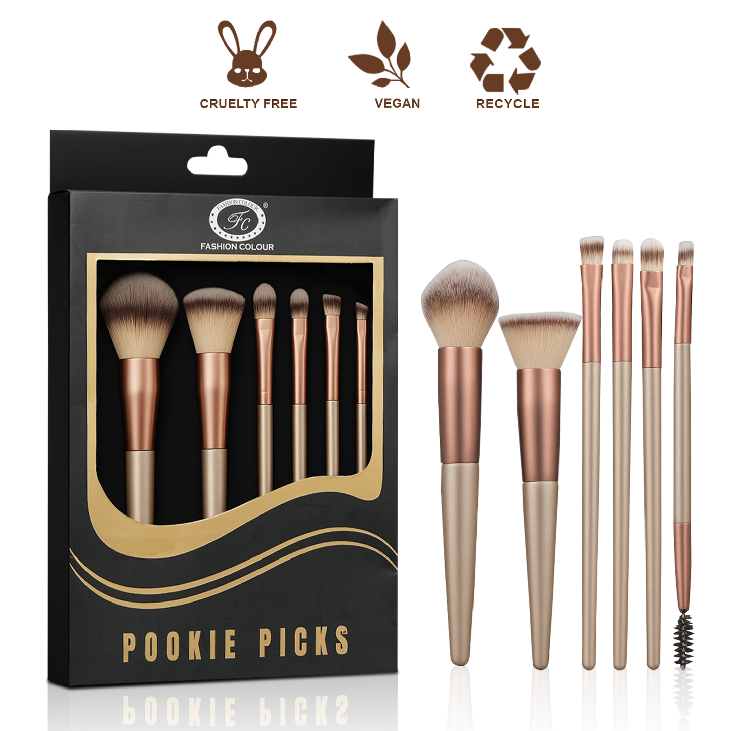 Pookie Picks 6-Piece Makeup Brush Set | Professional Face & Eye Brushes | Vegan, Cruelty-Free & Recyclable | Soft Bristles for Flawless Application