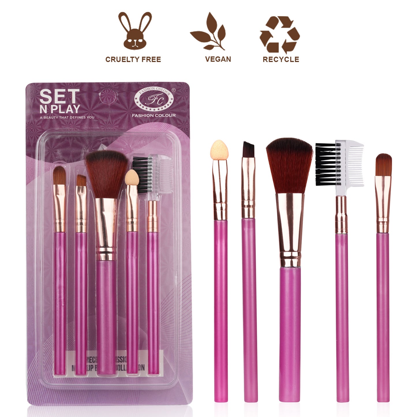 Set N Play 5-Piece Makeup Brush Set | Cruelty-Free, Vegan & Recyclable | Big Fluffy Brush, Flat Shader Brush, Blending Brush, Angled Brush, Spoolie Brush