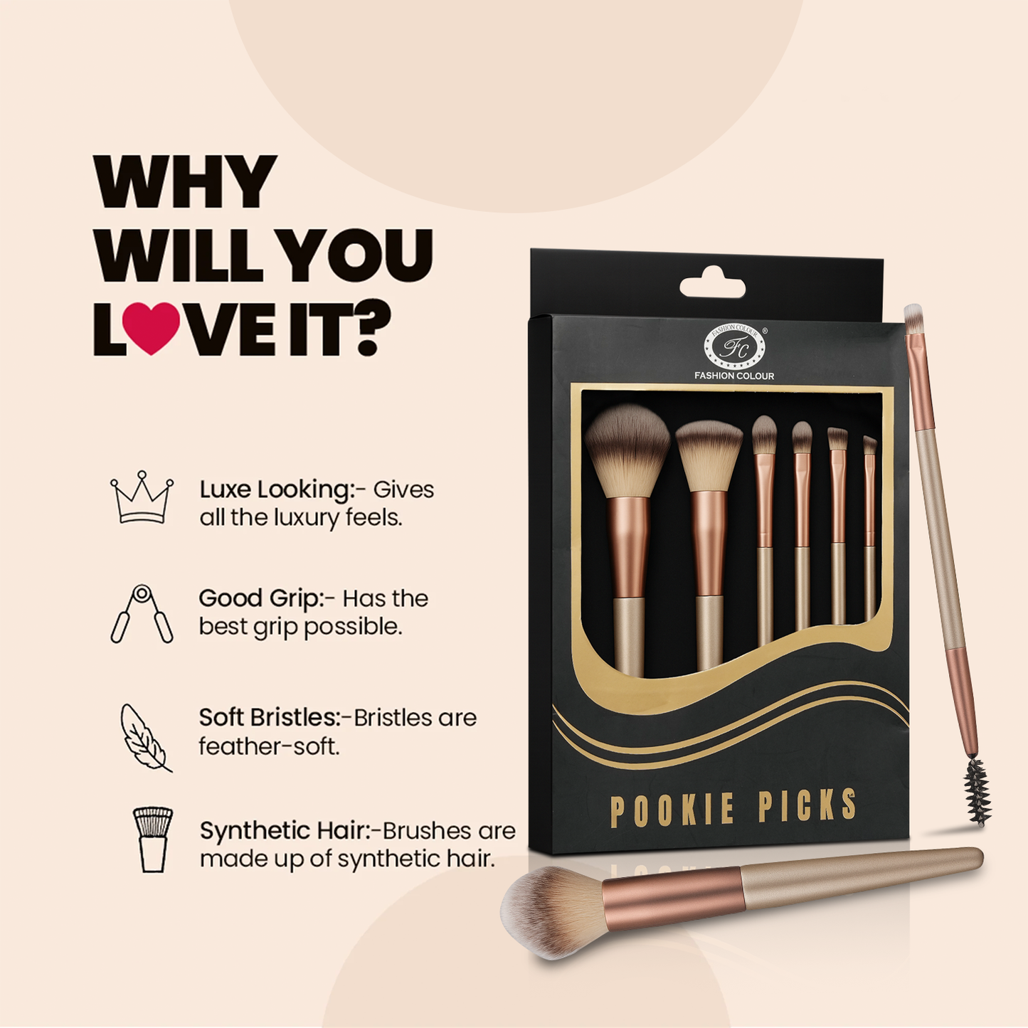 Pookie Picks 6-Piece Makeup Brush Set | Professional Face & Eye Brushes | Vegan, Cruelty-Free & Recyclable | Soft Bristles for Flawless Application