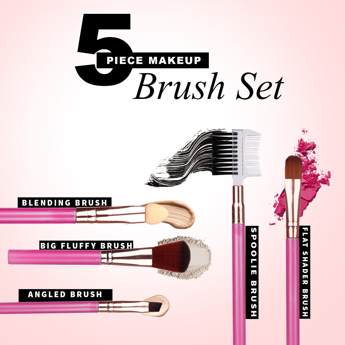 Set N Play 5-Piece Makeup Brush Set | Cruelty-Free, Vegan & Recyclable | Big Fluffy Brush, Flat Shader Brush, Blending Brush, Angled Brush, Spoolie Brush