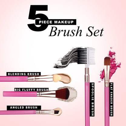 Set N Play 5-Piece Makeup Brush Set | Cruelty-Free, Vegan & Recyclable | Big Fluffy Brush, Flat Shader Brush, Blending Brush, Angled Brush, Spoolie Brush