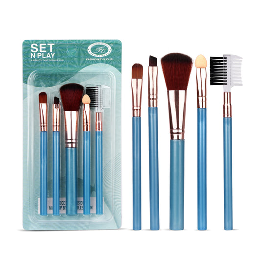 Set N Play 5-Piece Makeup Brush Set | Cruelty-Free, Vegan & Recyclable | Big Fluffy Brush, Flat Shader Brush, Blending Brush, Angled Brush, Spoolie Brush