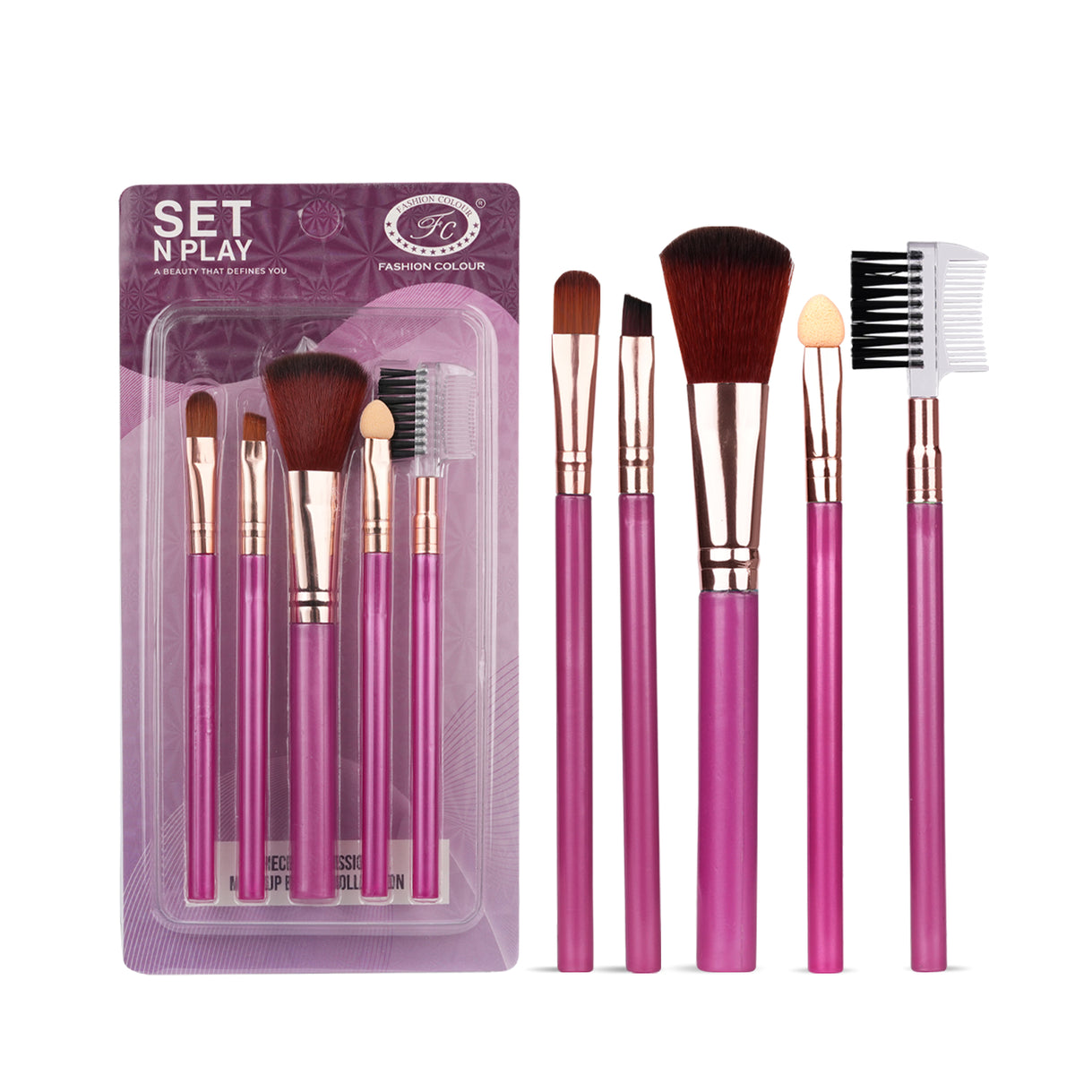 Set N Play 5-Piece Makeup Brush Set | Cruelty-Free, Vegan & Recyclable | Big Fluffy Brush, Flat Shader Brush, Blending Brush, Angled Brush, Spoolie Brush