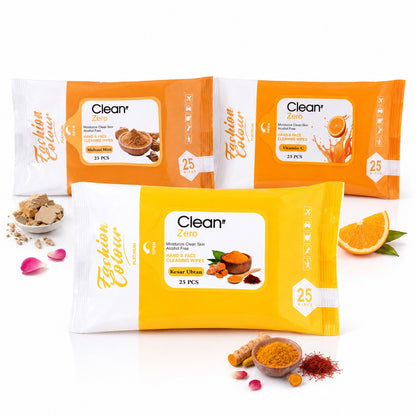 Clean It Zero Hand and Face Cleaning Wipes | Multani Mitti & Vitamin C & Kesar Ubtan | 25N | 3 Pack