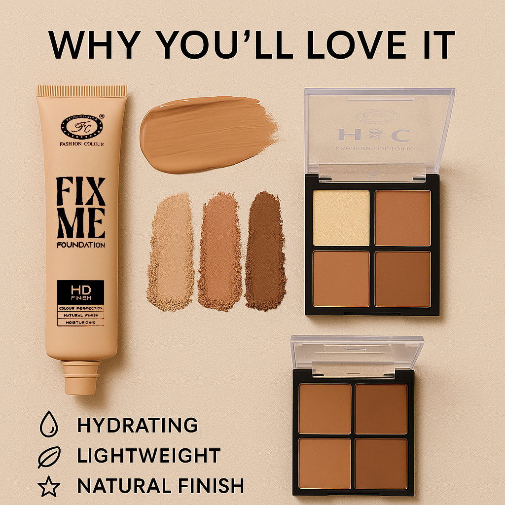 Makeup Combo – Fix Me HD Foundation (Natural Finish) + 4-in-1 Contour & Highlight Palette | All-in-One Face Base & Sculpt Kit | Long-Lasting, Blendable, Hydrating Formula