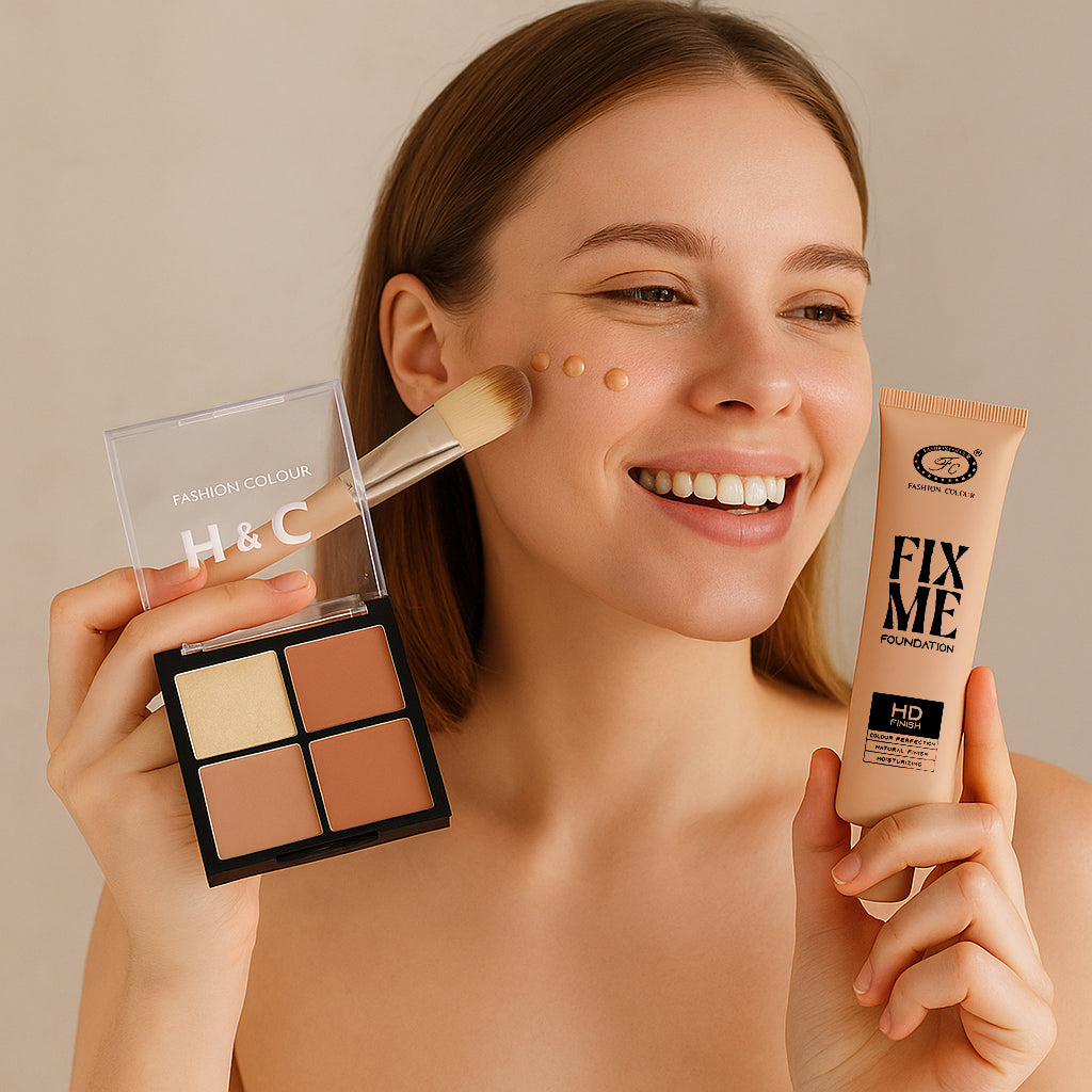 Makeup Combo – Fix Me HD Foundation (Natural Finish) + 4-in-1 Contour & Highlight Palette | All-in-One Face Base & Sculpt Kit | Long-Lasting, Blendable, Hydrating Formula